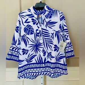 Multiples Blue and White Tropical Print Button-Down Top